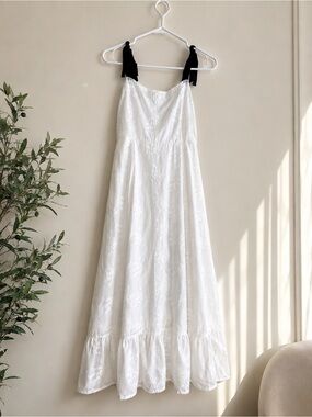 White Lace Maxi Slip Dress with Black Tie Straps